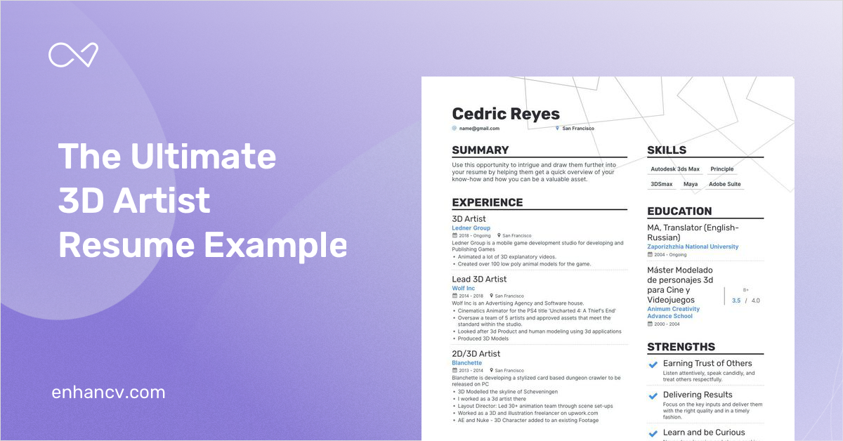 3D Artist Resume Examples & Guide for 2023 (Layout, Skills, Keywords