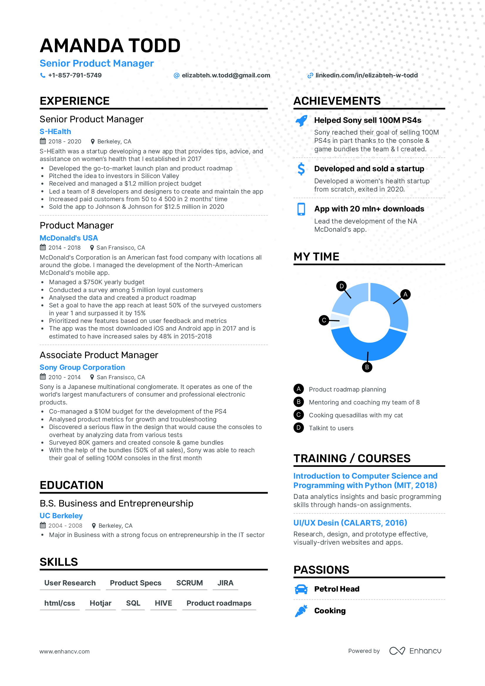 A two column CV with a blue accent color and focus on experience and achievements.