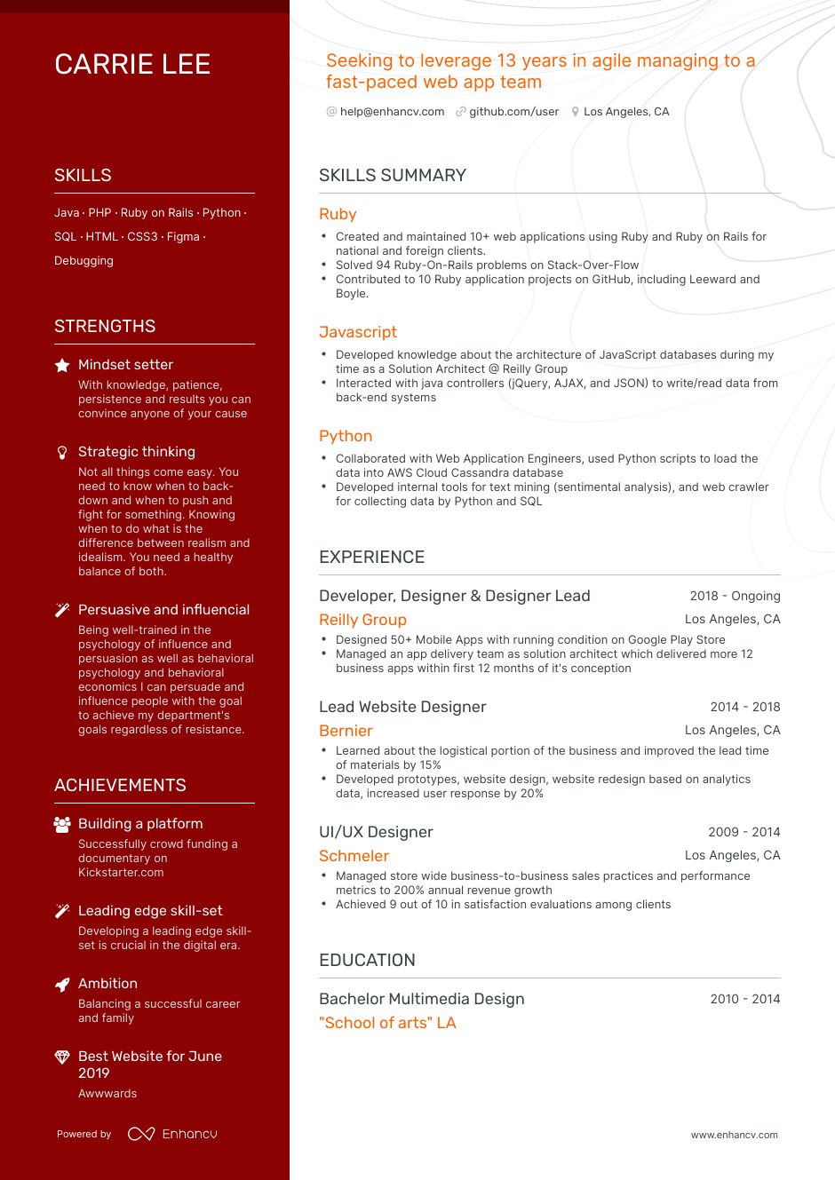 Career pivot CV template with a solid dark orange colored left column. Right column contains skills summary typical of career change CV templates, and experience bullet points below.