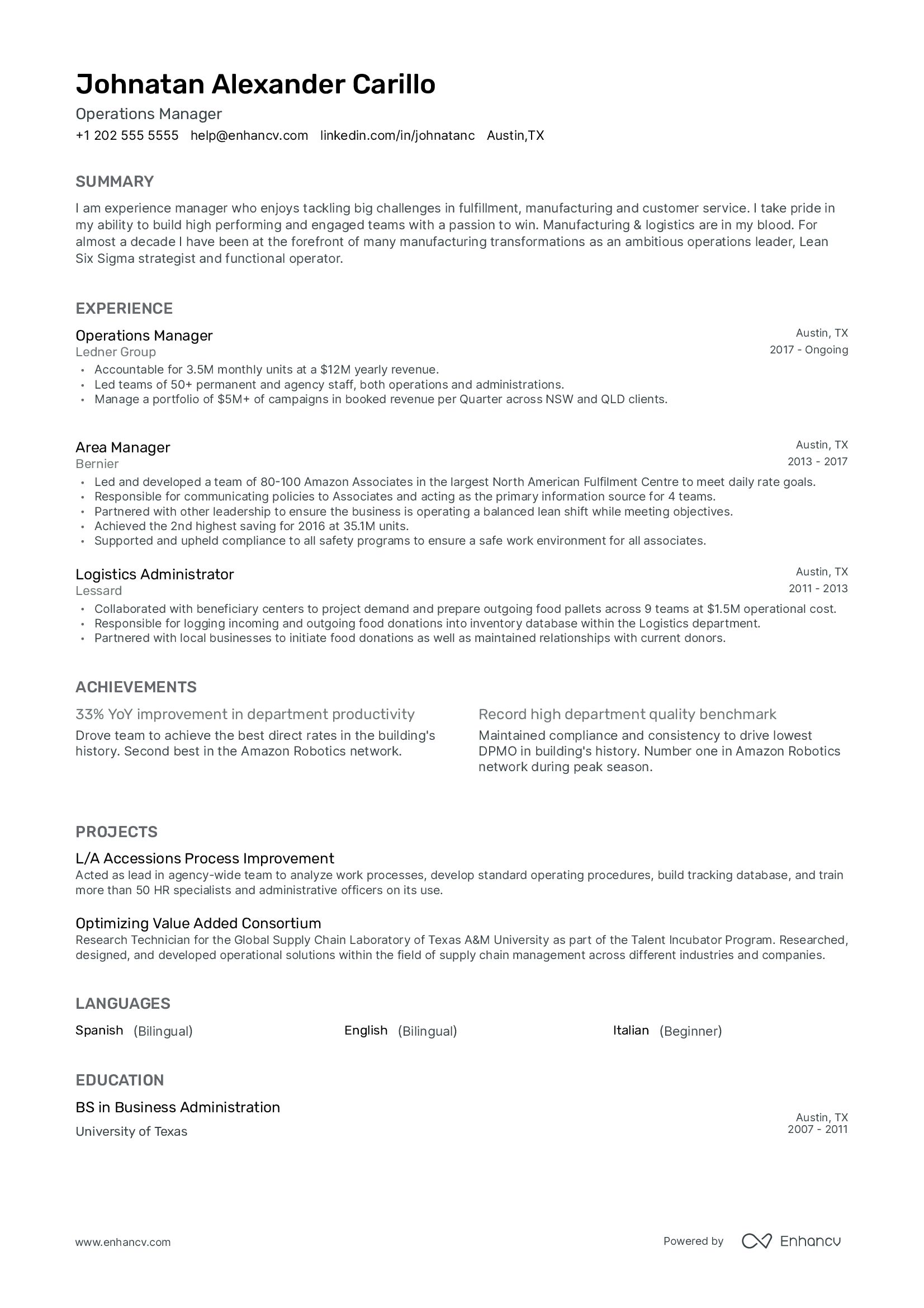 Grey single column classic resume template with a focus on experience and side projects.