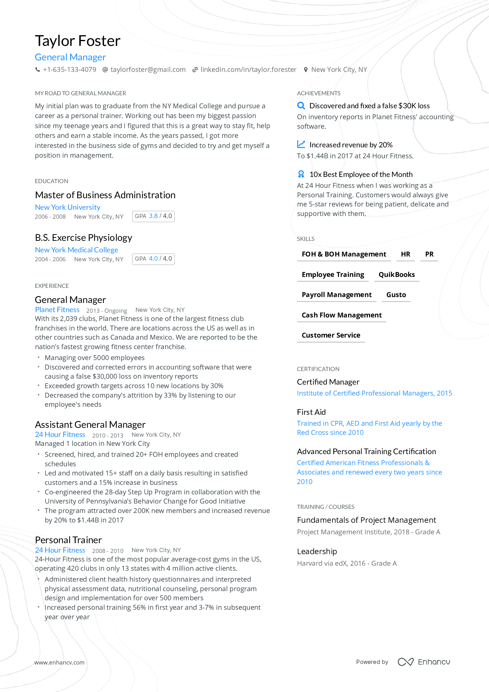 A compact resume template perfect for fitting a lot of information yet keeping your resume on a single page. Blue accent color.