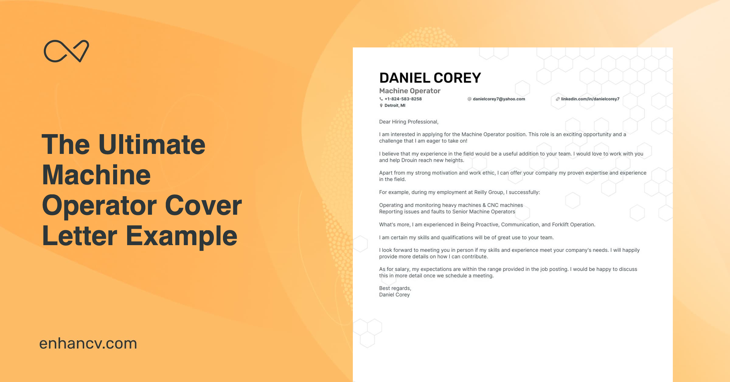  A formal cover letter from Daniel Corey for a machine operator position, emphasizing his experience, skills, and qualifications, and expressing enthusiasm for the opportunity.