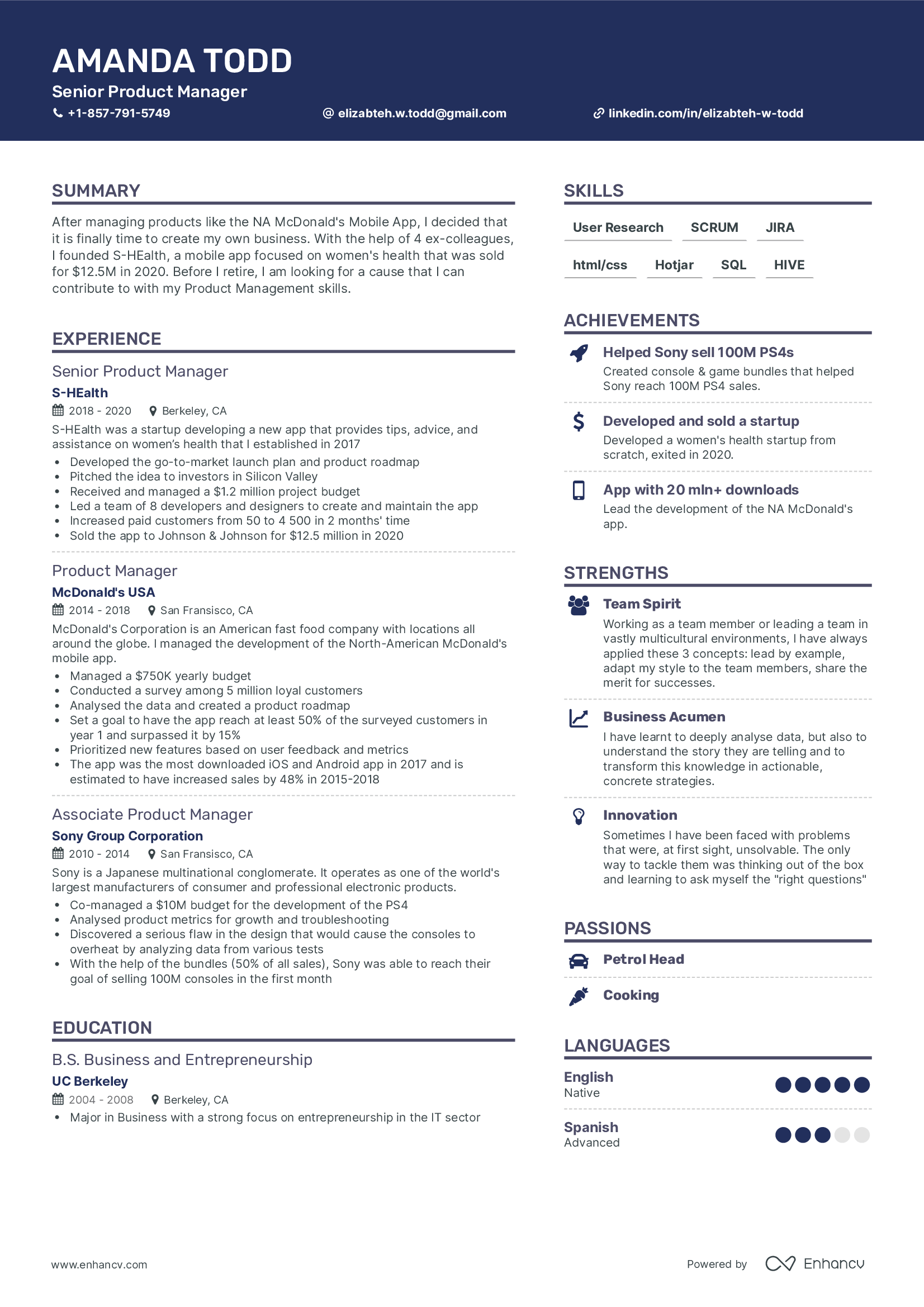 A double column resume template with a navy colored resume header.