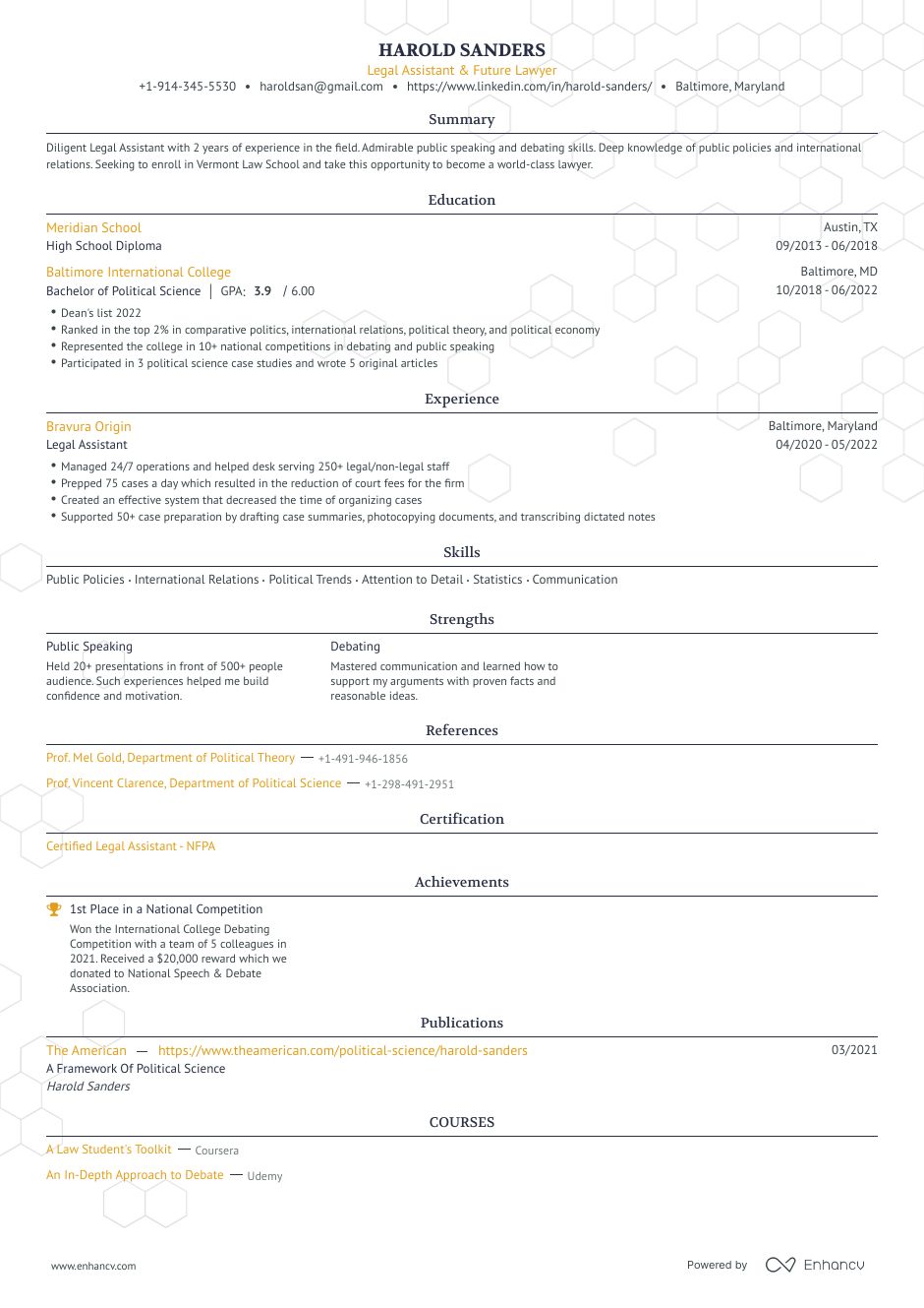 Entry level CV template with a single column outline and a yellow accent color on the headings
