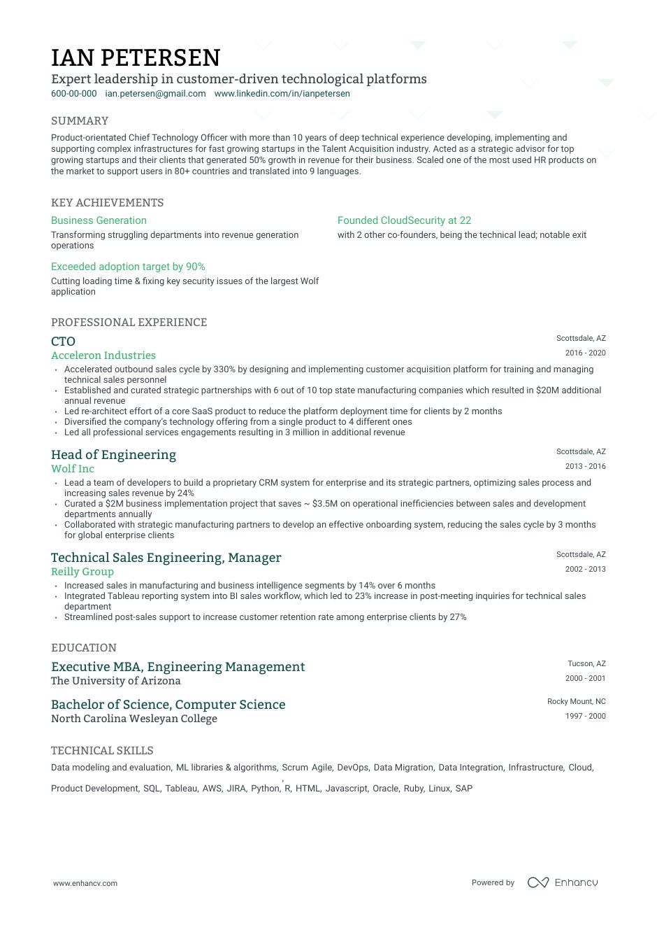 Executive CV template with a dark green accent color for headings, and a single column outline that outlines the content in a reverse chronological order