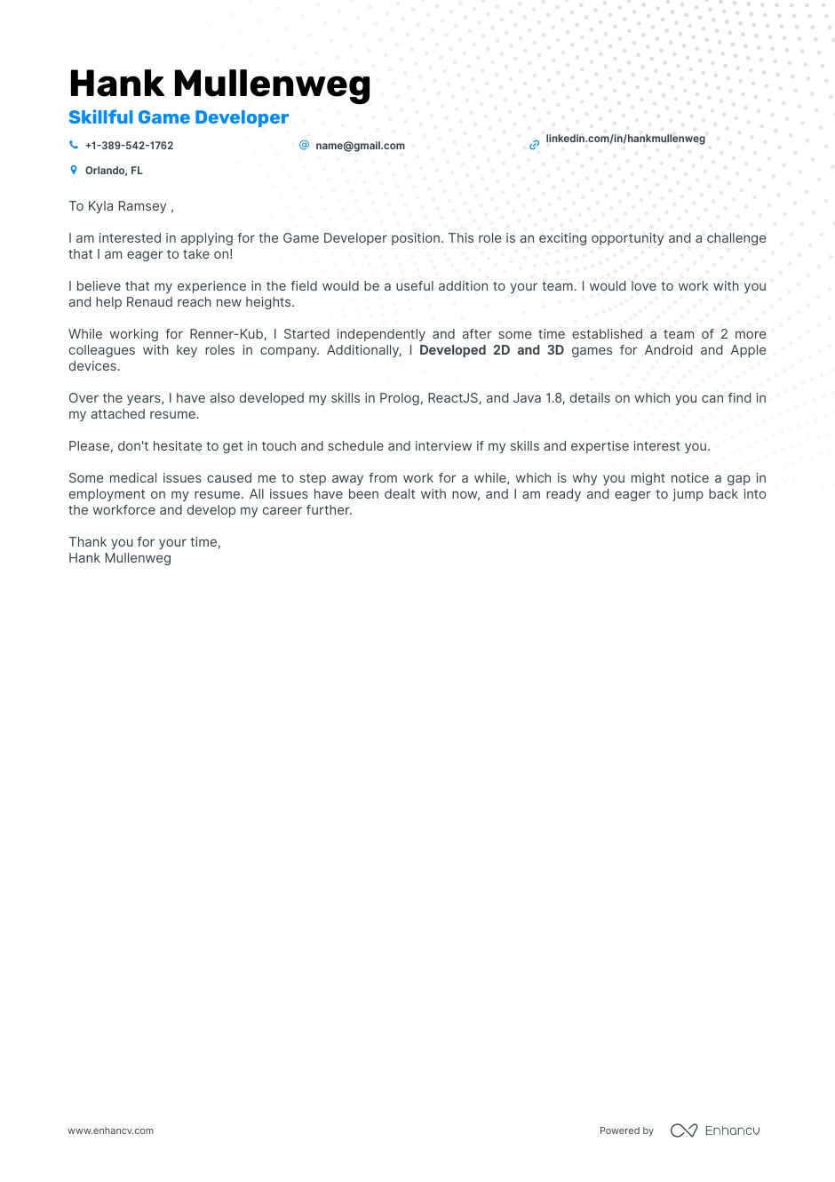 Game Producer Cover Letter Sample