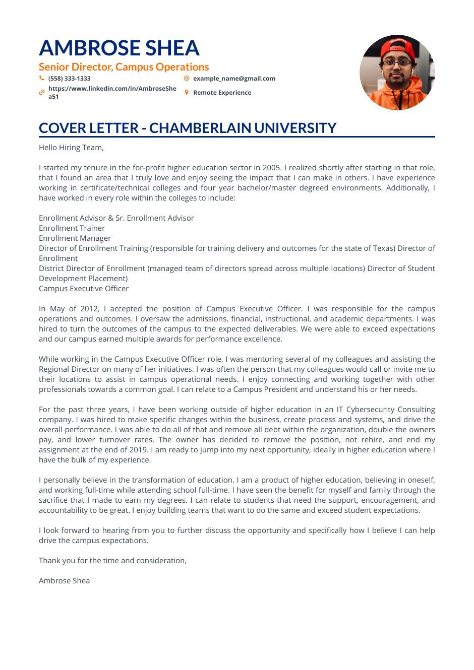 director of admissions cover letter