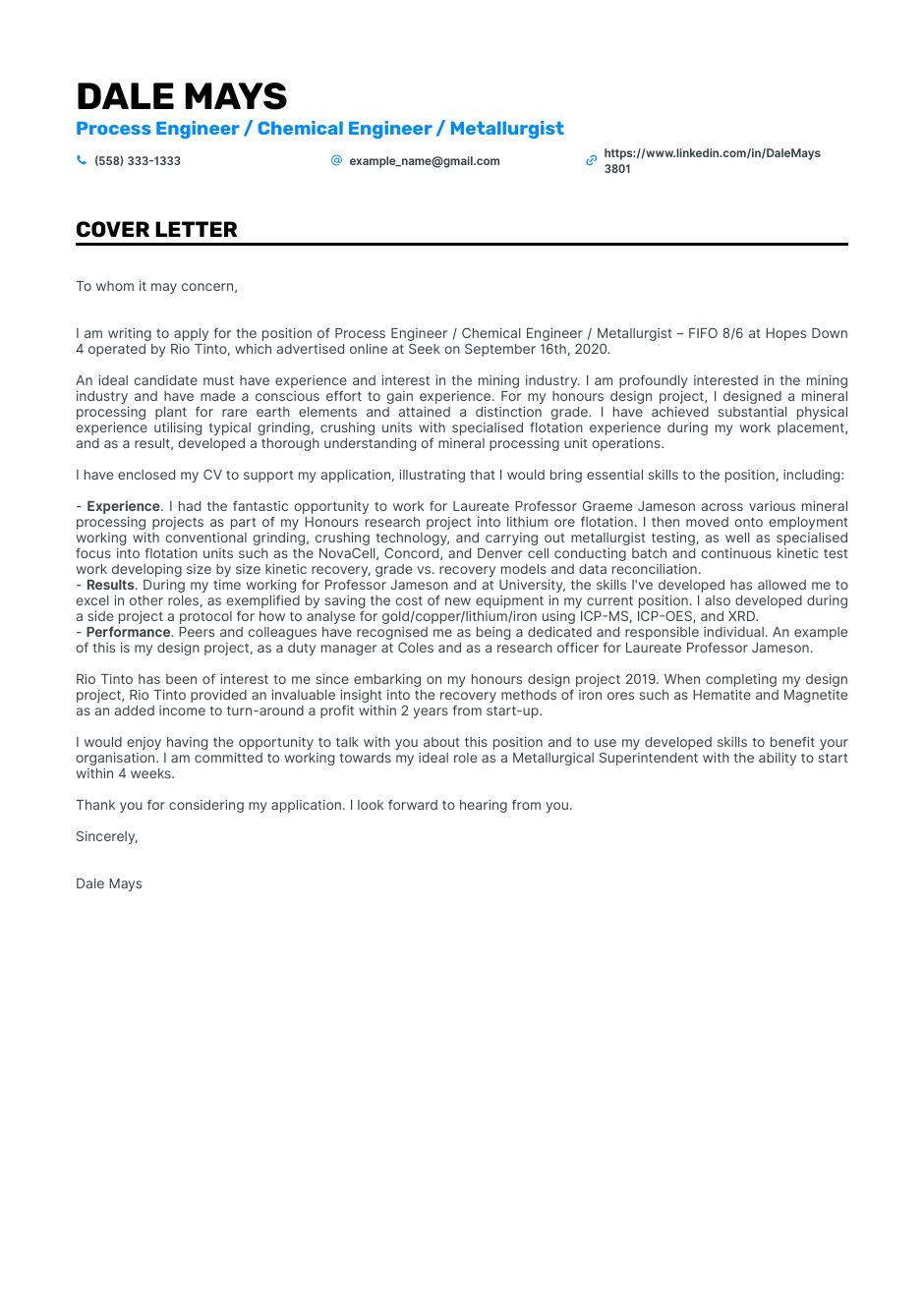 cover letter for experienced chemical engineer