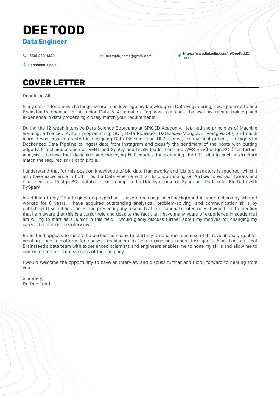 cover letter example data engineer