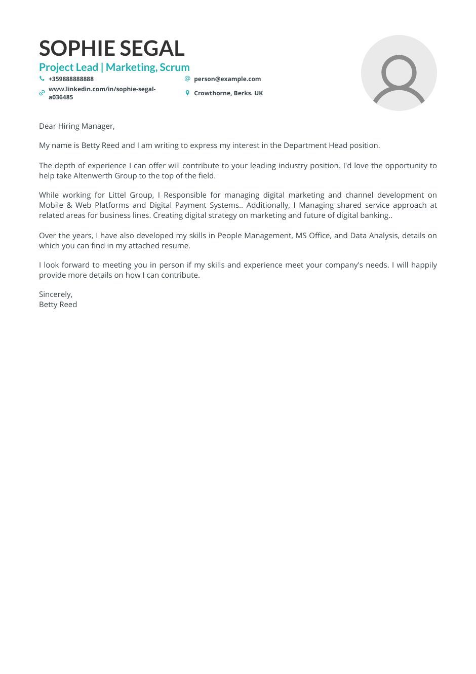 Real Department Head Cover Letter Example for 2023