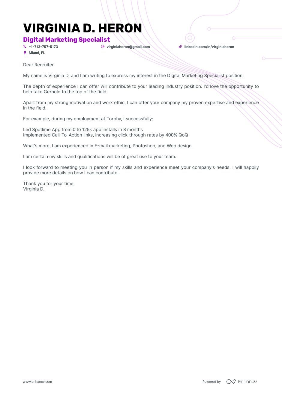 Real Digital Marketing Specialist Cover Letter Example for 2024