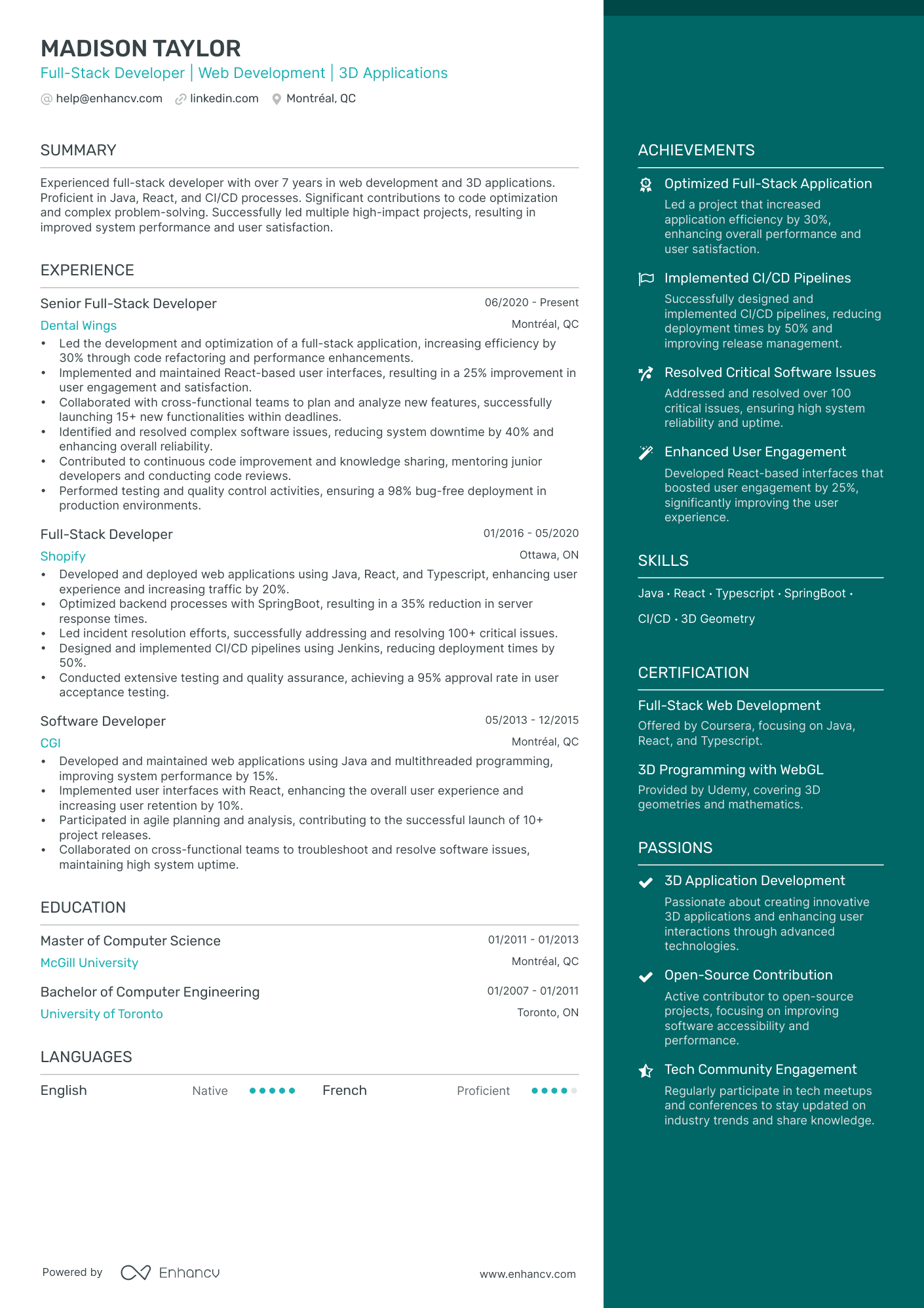 Full Stack Developer | Web Development | 3D Applications resume example