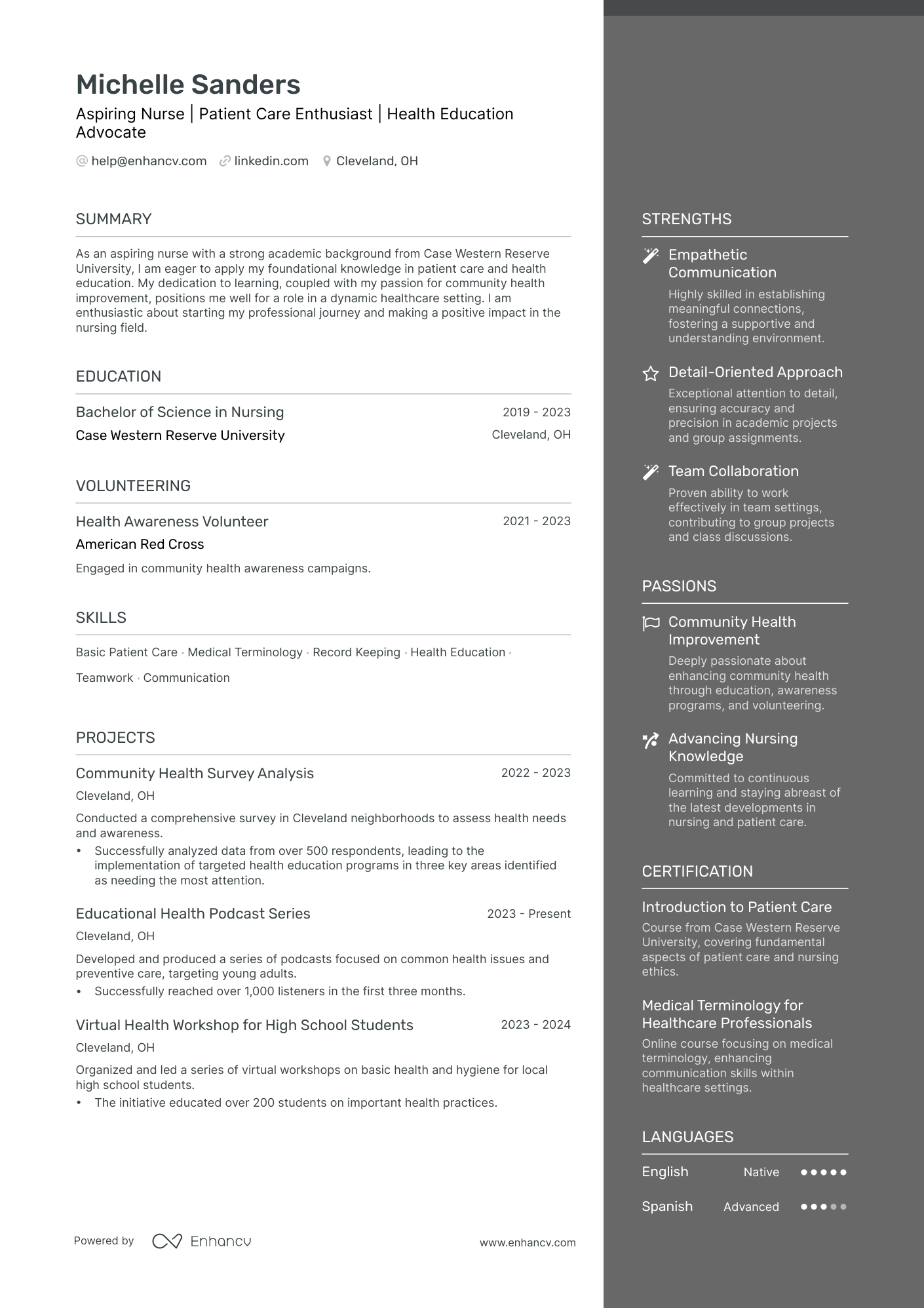 Aspiring Nurse | Patient Care Enthusiast | Health Education Advocate resume example