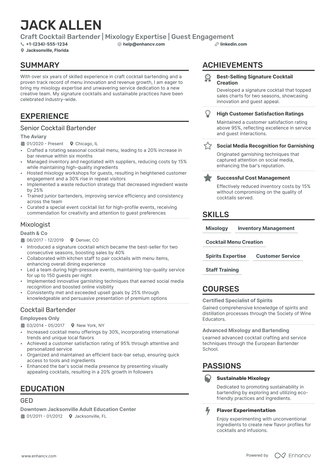 15 Bartender Resume Examples & Guide for 2024