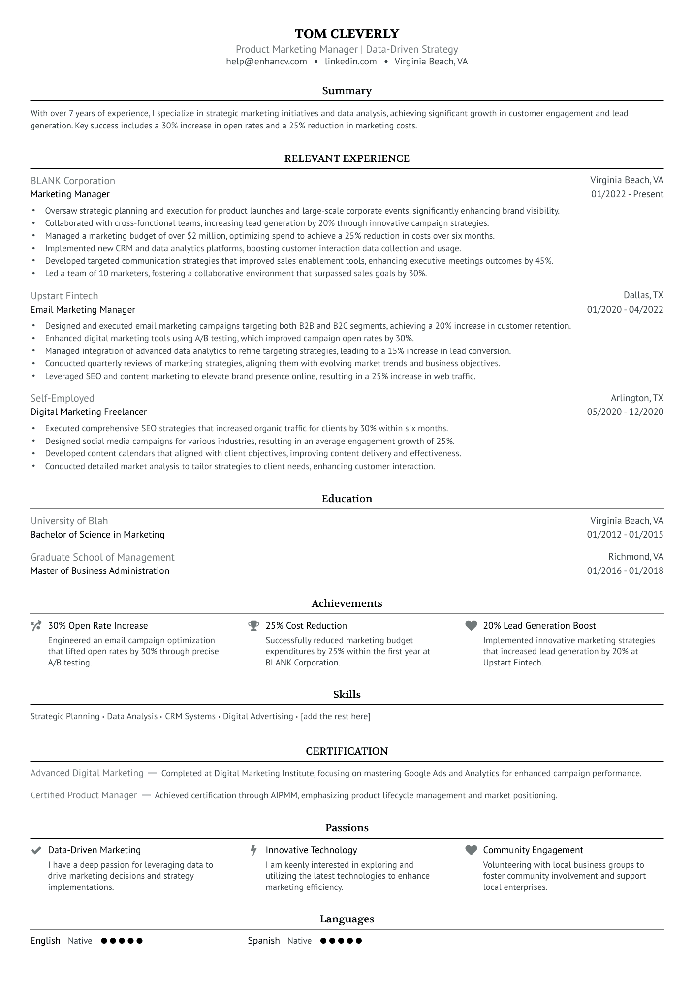 Product Marketing Manager | Data Driven Strategy resume example