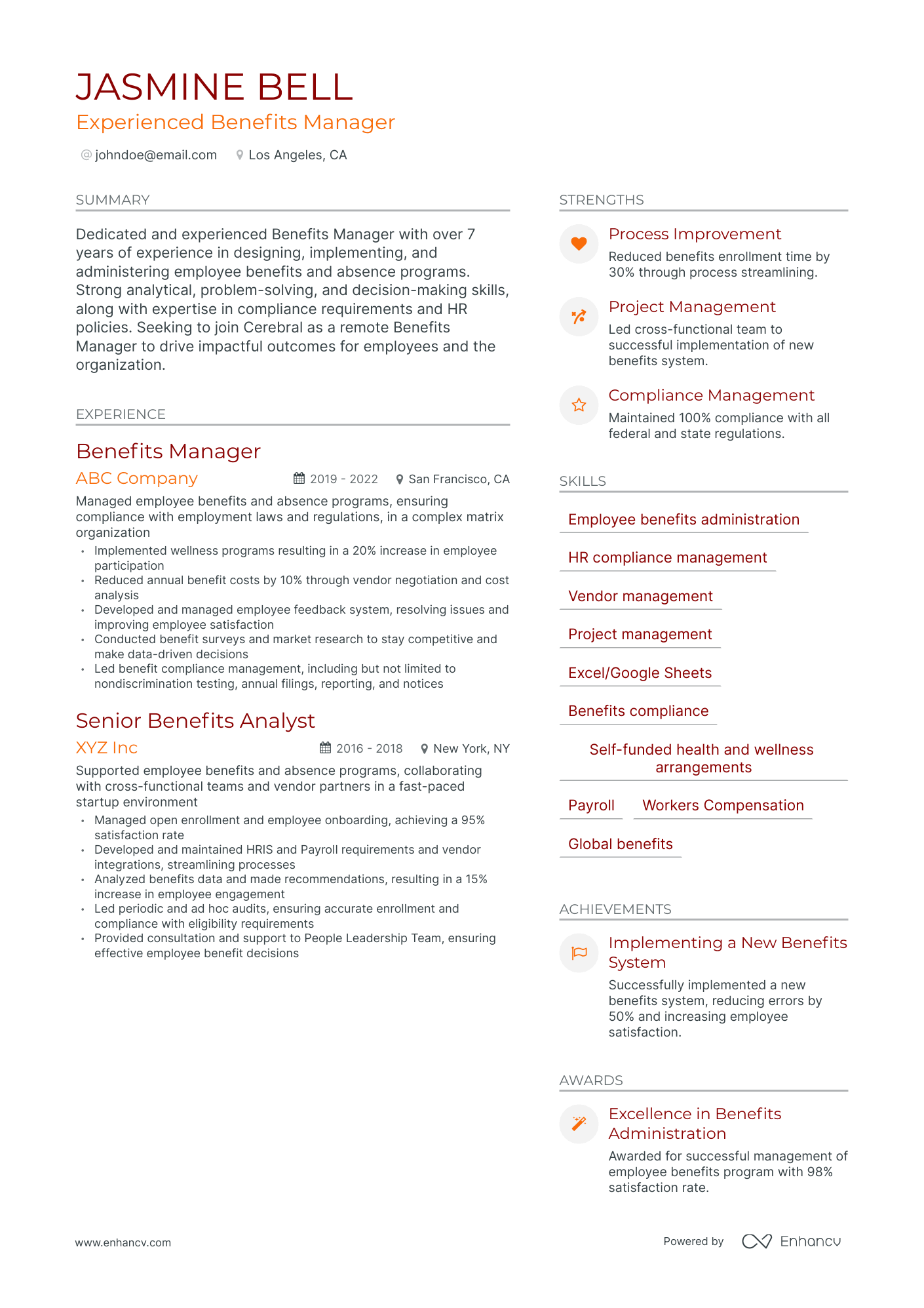 sample resume for benefits manager