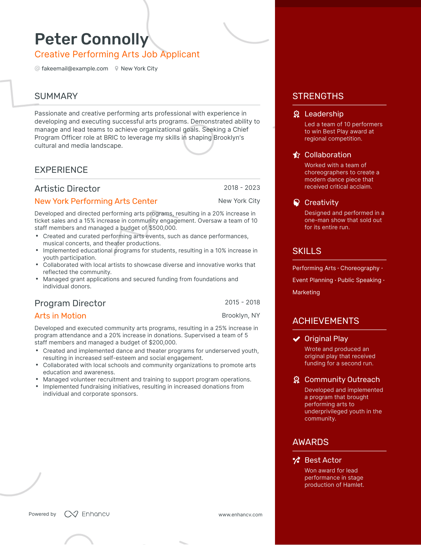 performing arts resume examples