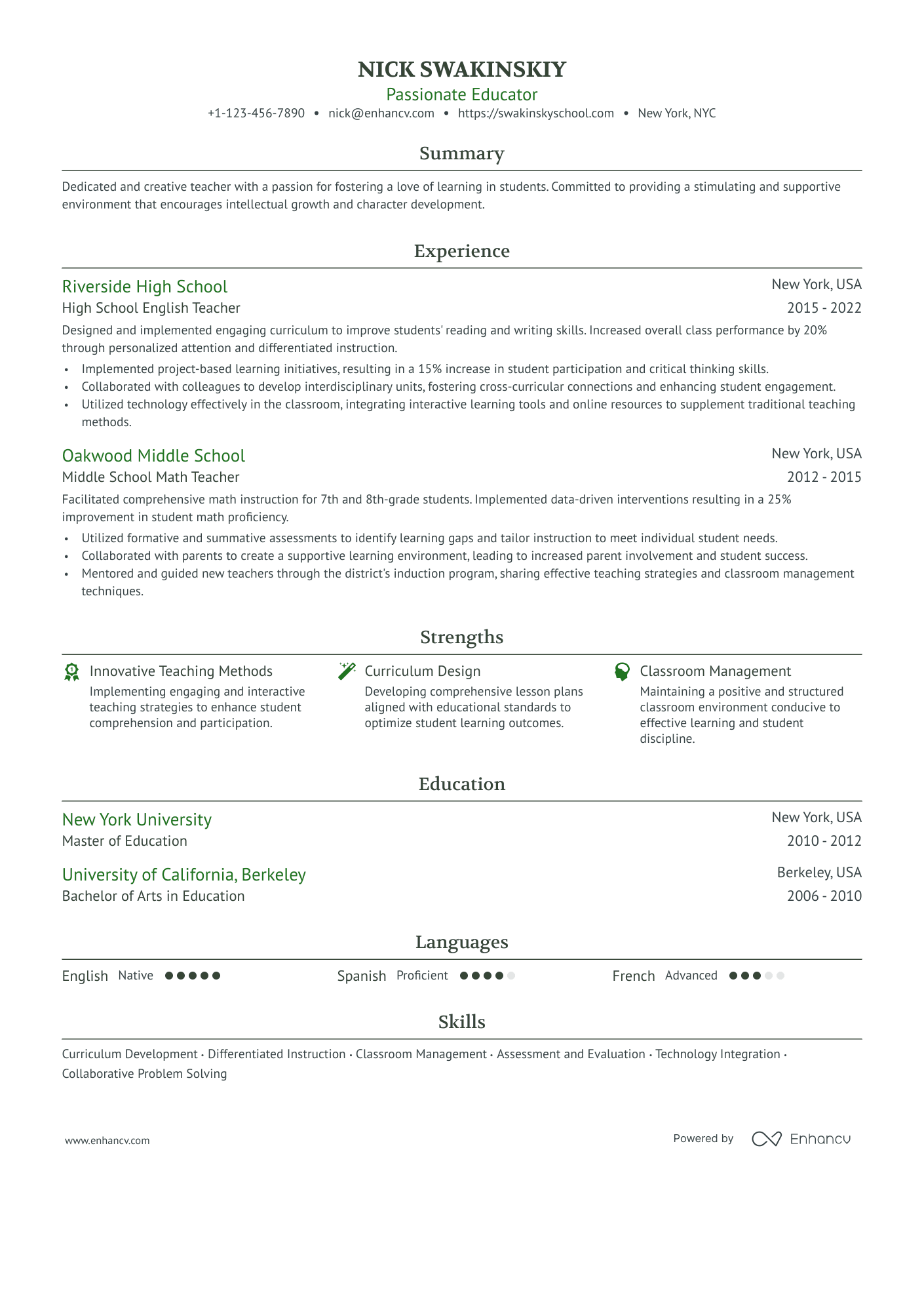 Passionate Educator resume example