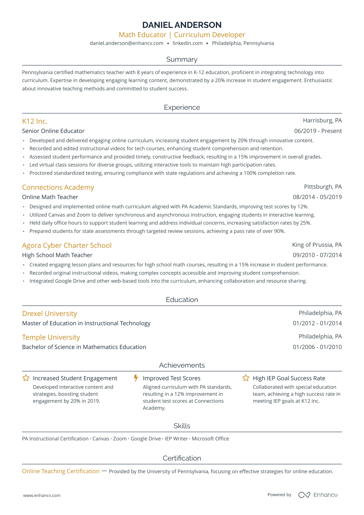 Math Educator | Curriculum Developer resume example