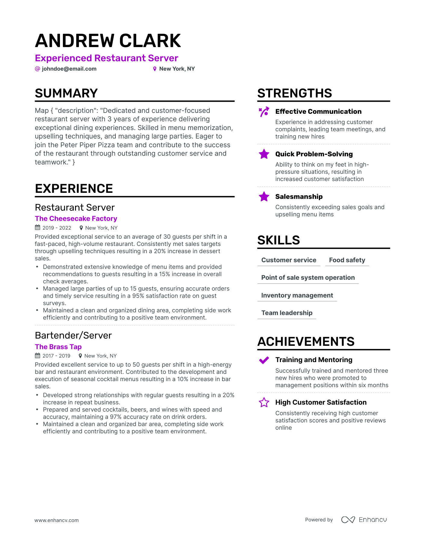 resume examples restaurant server