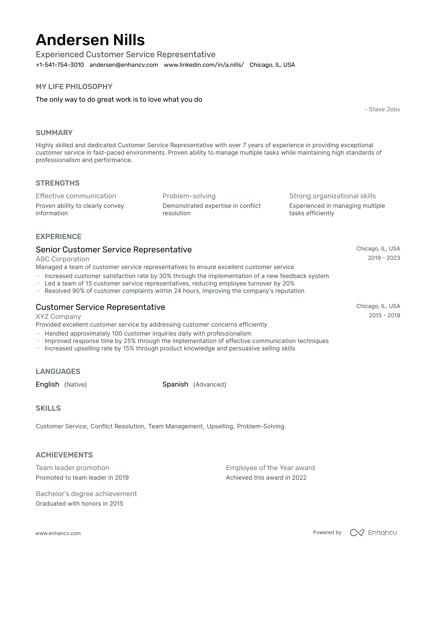 Experienced Customer Service Representative resume example