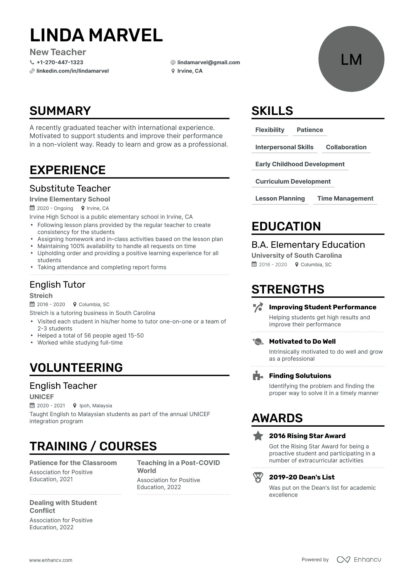 resume for teacher job with no experience