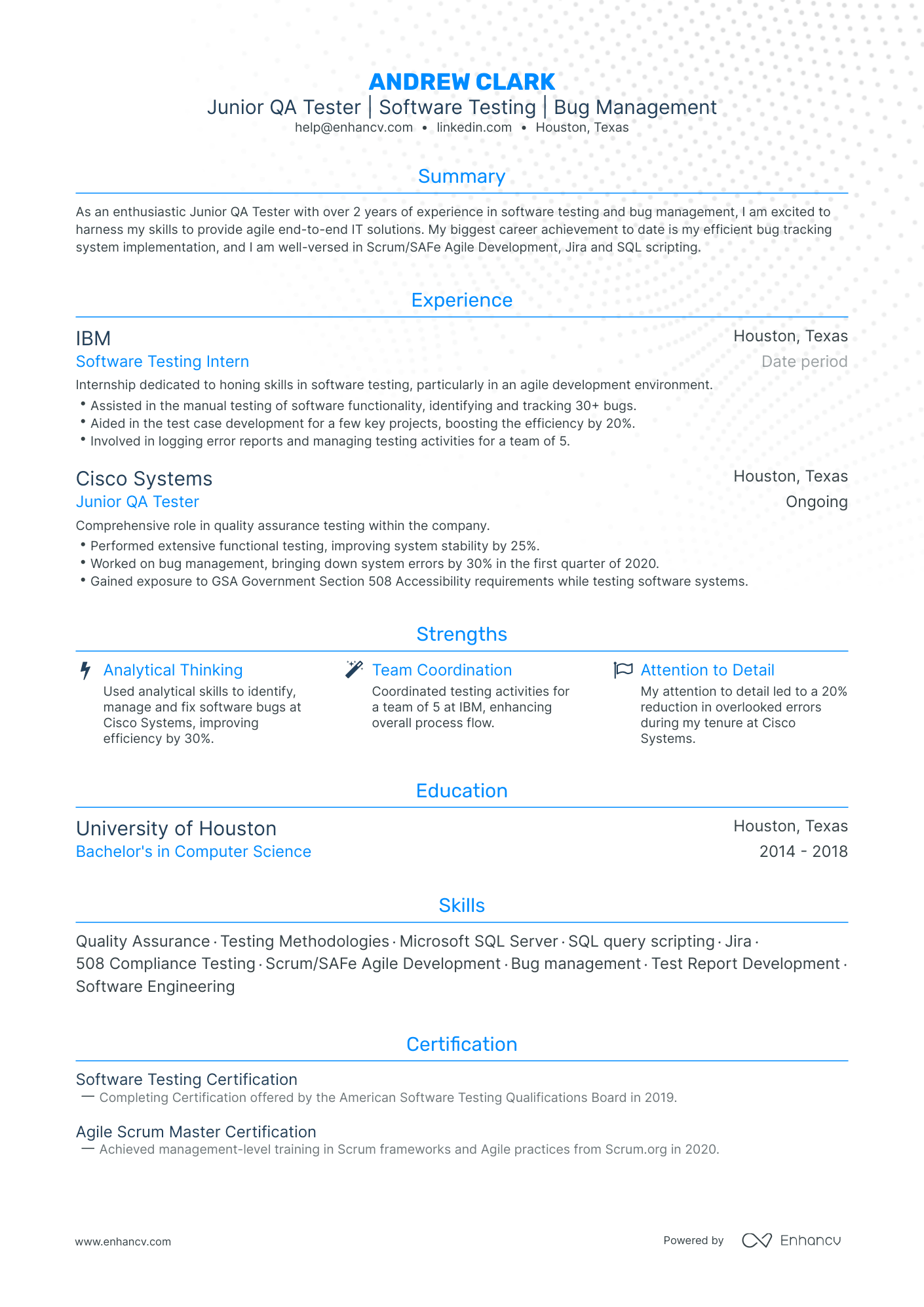 junior qa tester resume sample