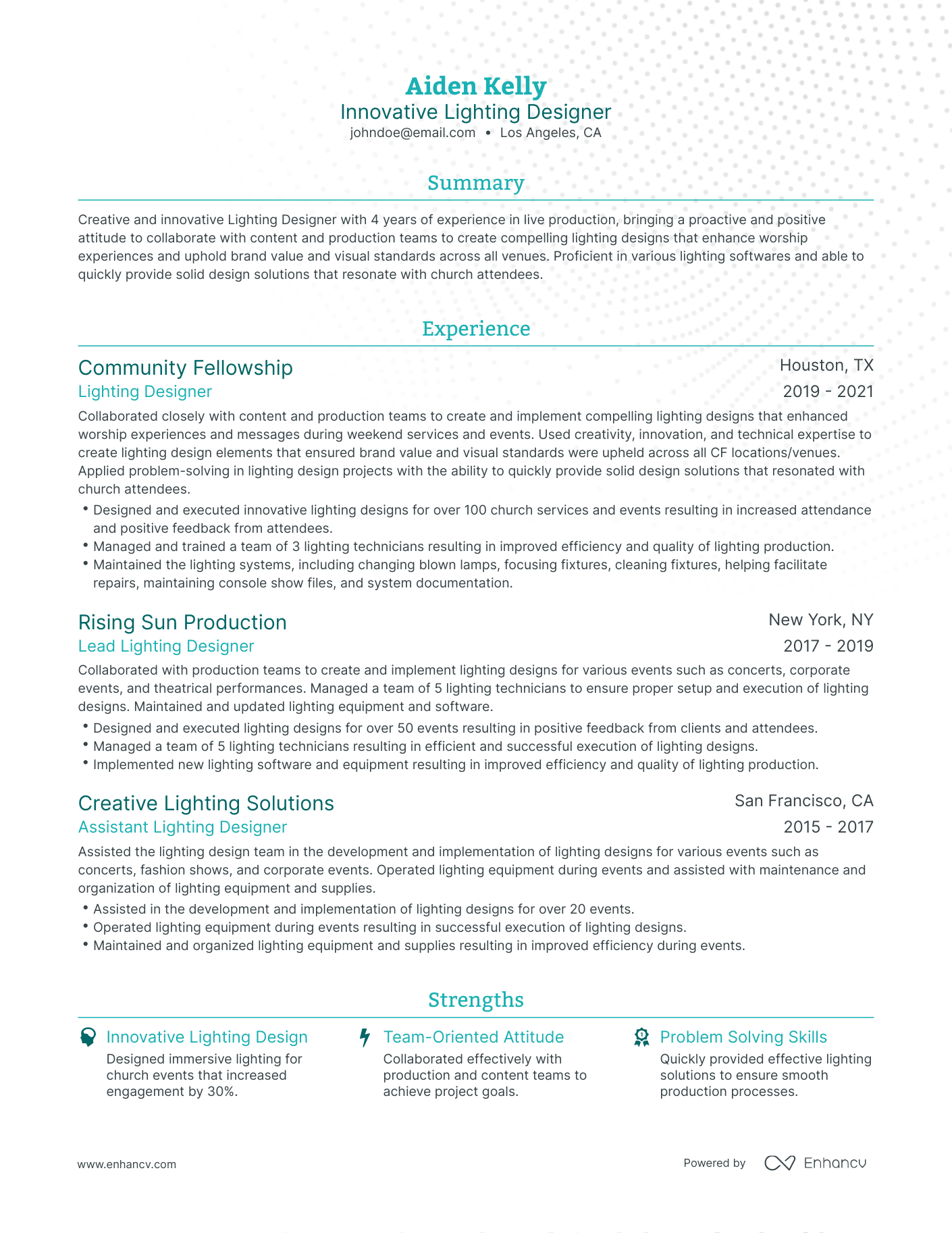 5 Lighting Designer Resume Examples & Guide for 2024