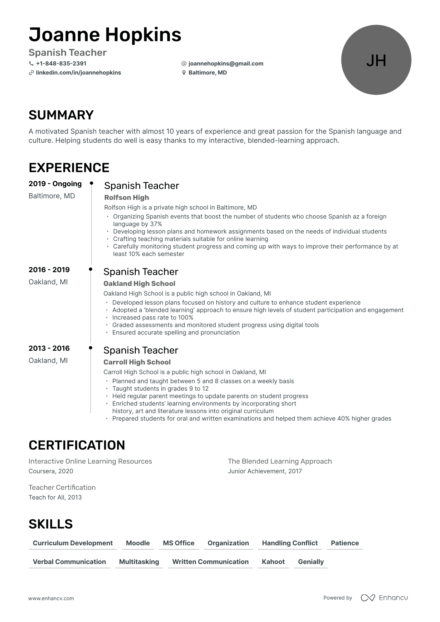 5 Spanish Teacher Resume Examples - AHR0cHM6Ly9jZG4uZW5oYW5jdi5jb20vcHJlZGVmaW5lZC1leGFtcGxlcy9XTklFTEZuYmdvd0RieUEzS2l2QlRjcWJ4RWNPbFRCVHpDWnAzcTJYL2ltYWdlLnBuZw~~. 