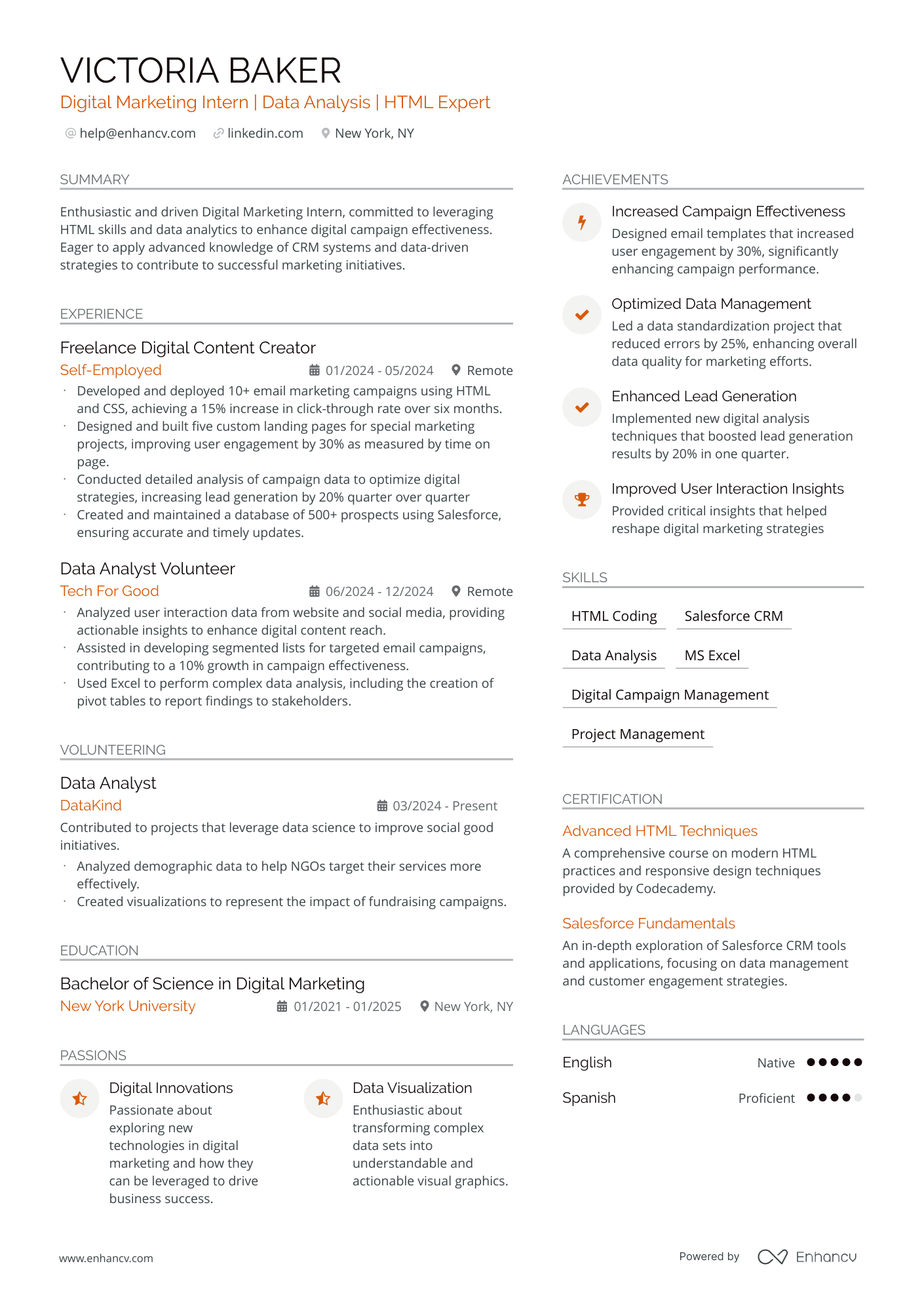 Digital Marketing Intern | Data Analysis | HTML Expert resume example