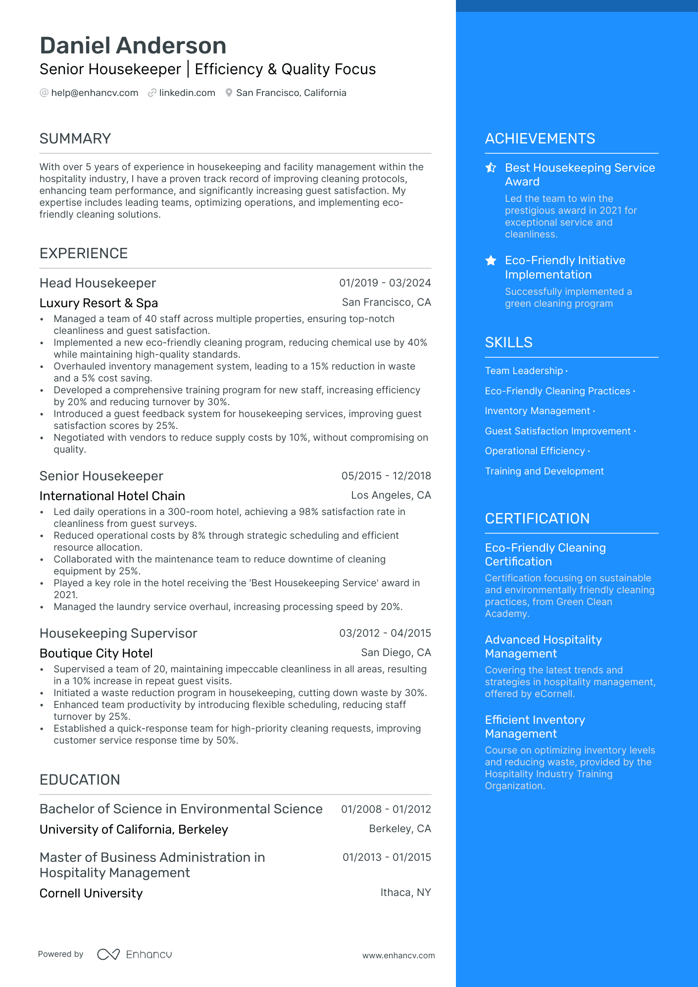 Senior Housekeeper | Efficiency & Quality Focus resume example