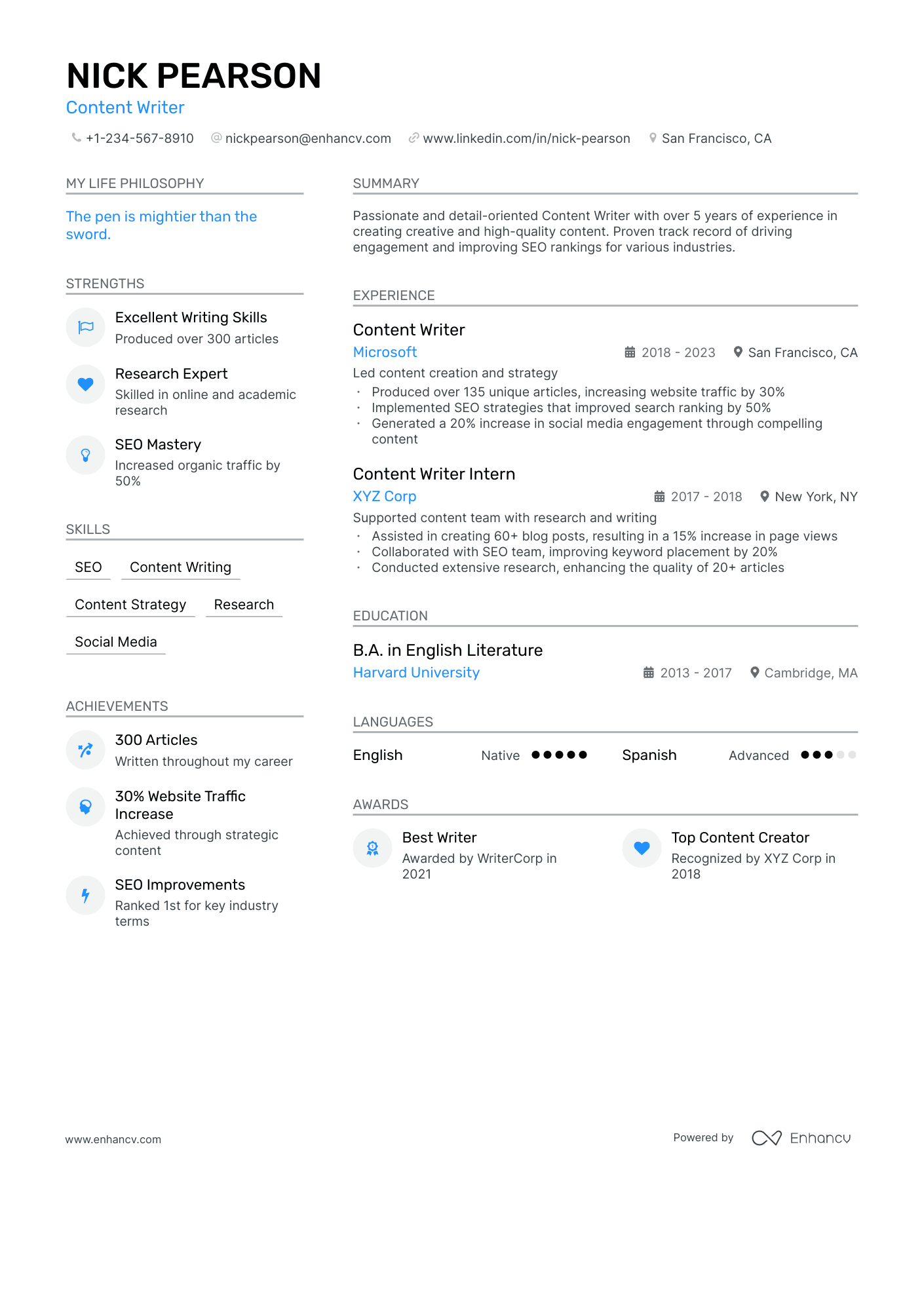 Content Writer resume example