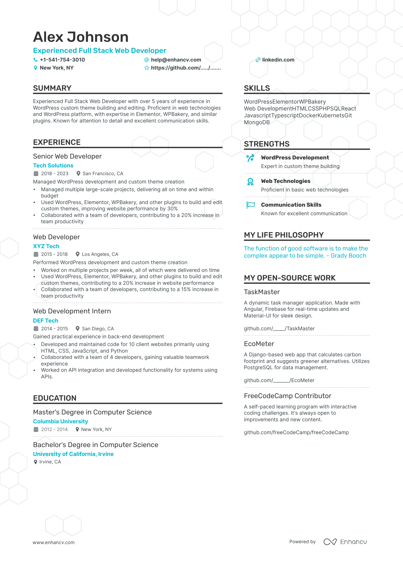 Experienced Full Stack Web Developer resume example