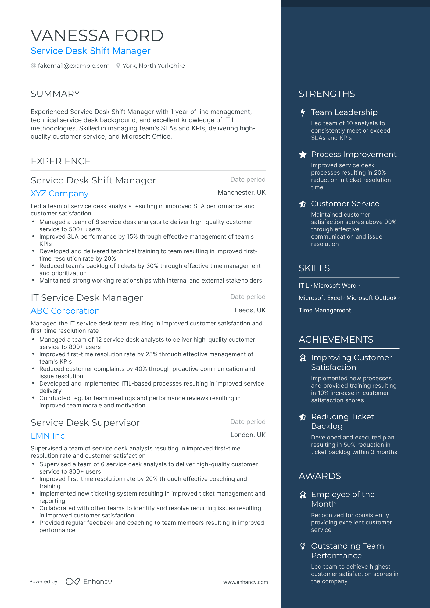 it service desk manager resume