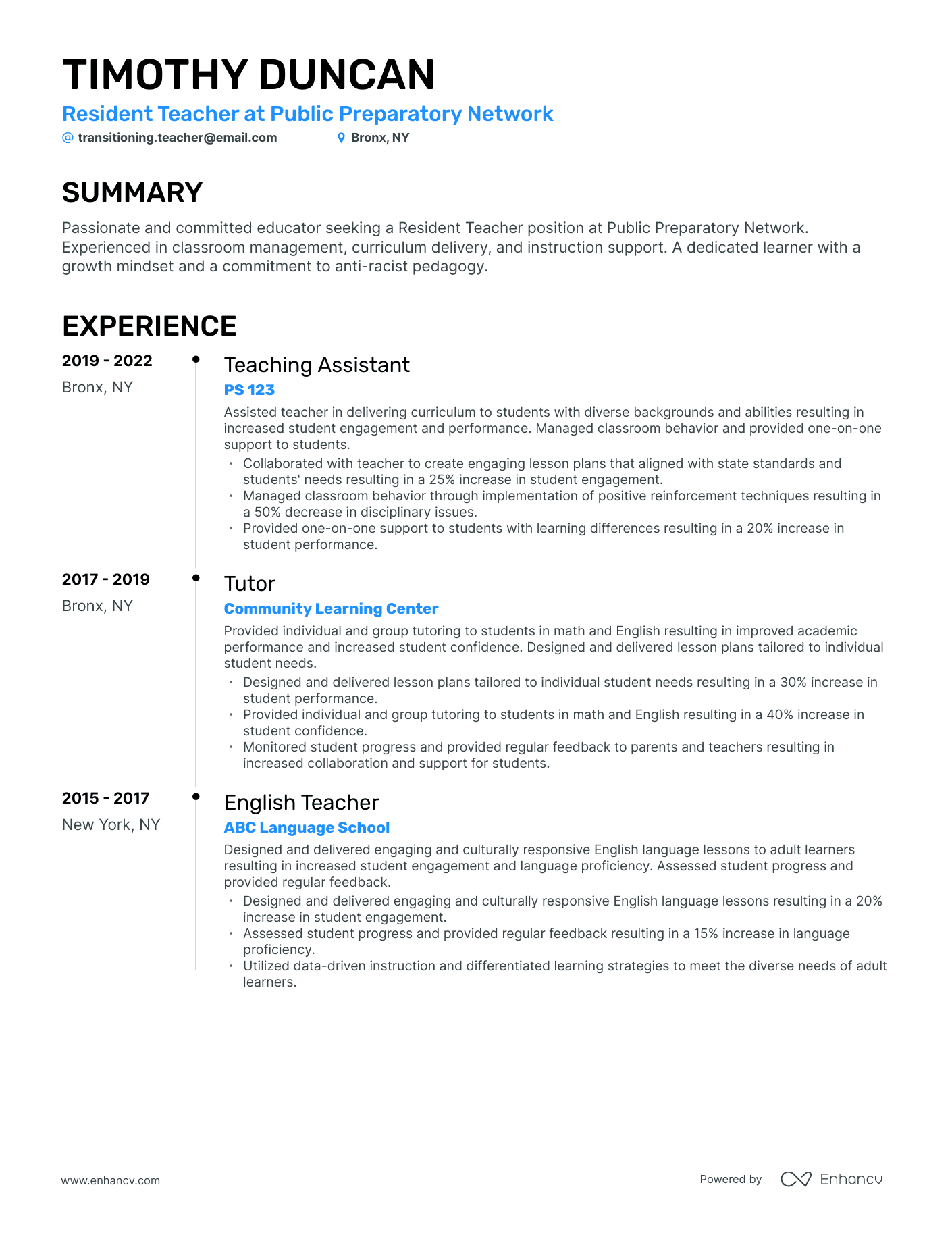 resume for teacher transitioning careers