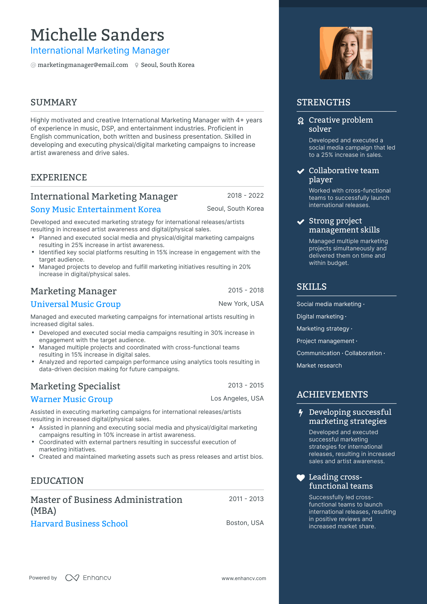 sample resume for international marketing manager