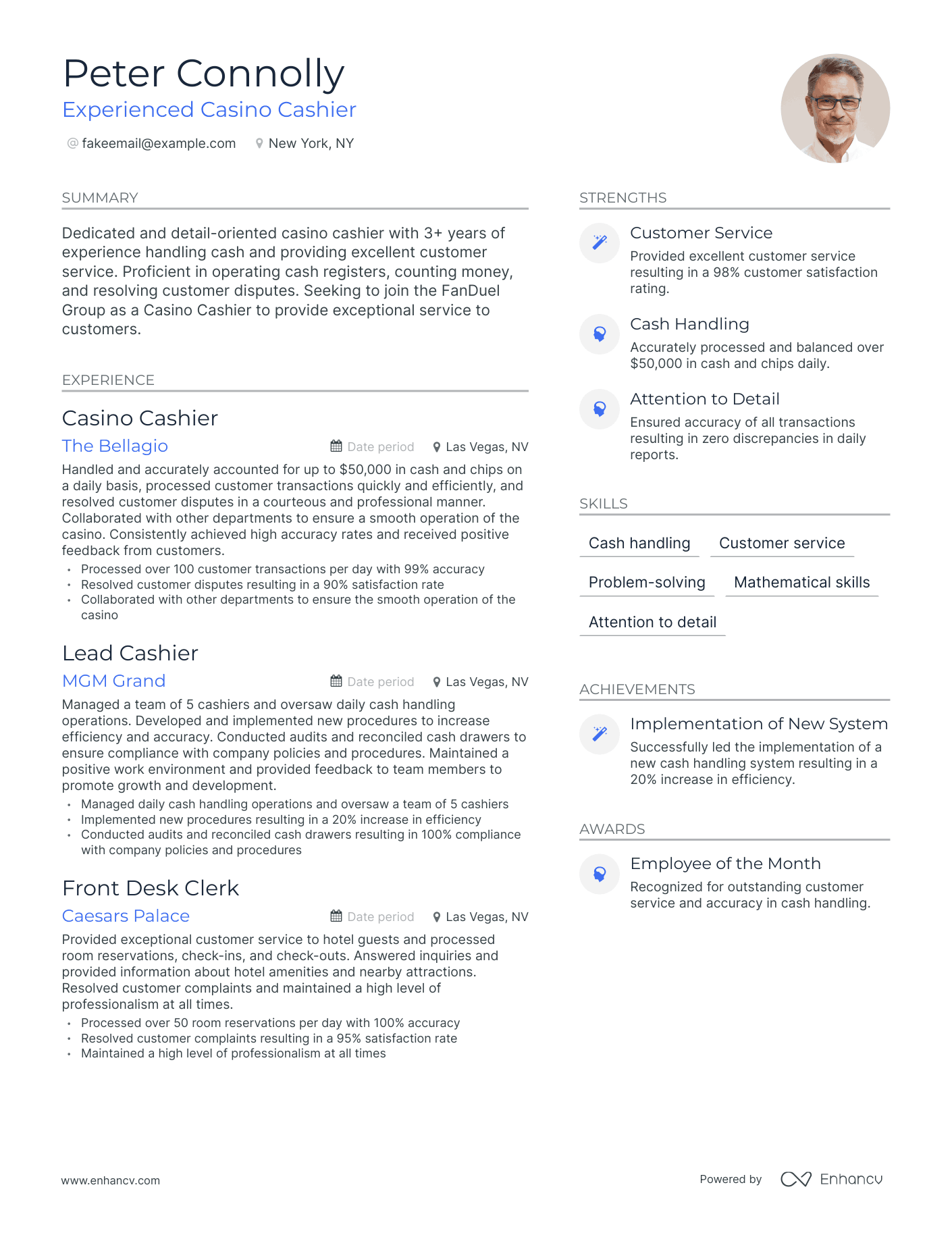 sample resume for casino cage cashier