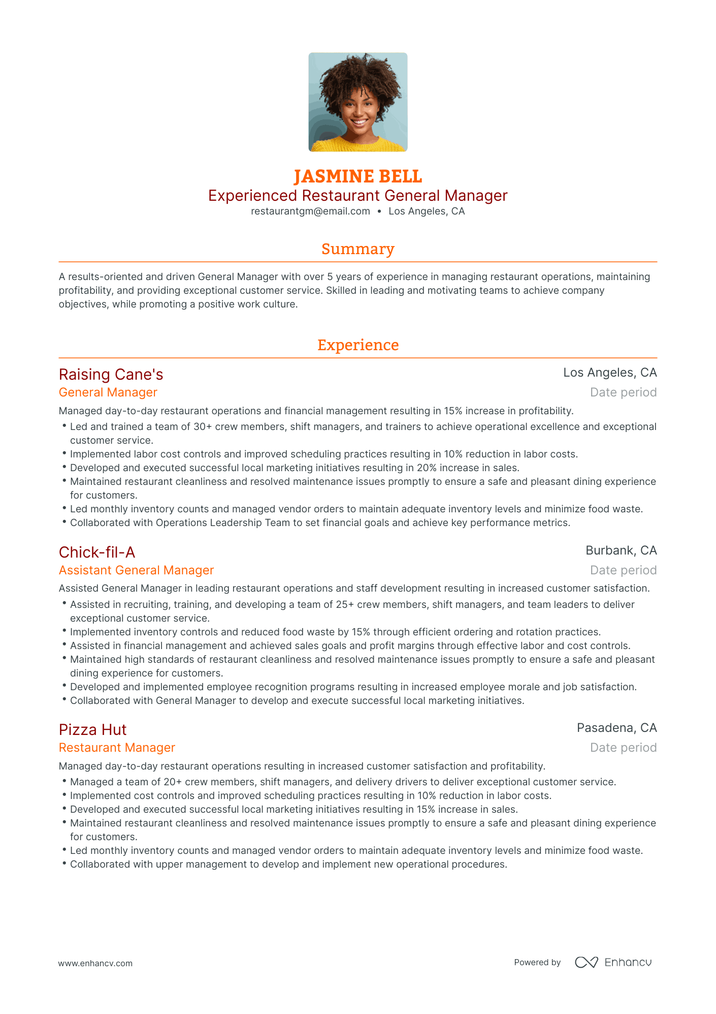 resume examples for restaurant general manager