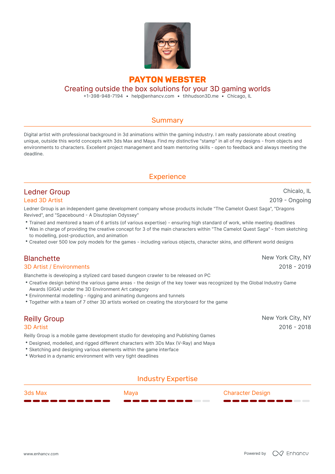 resume format for 3d model