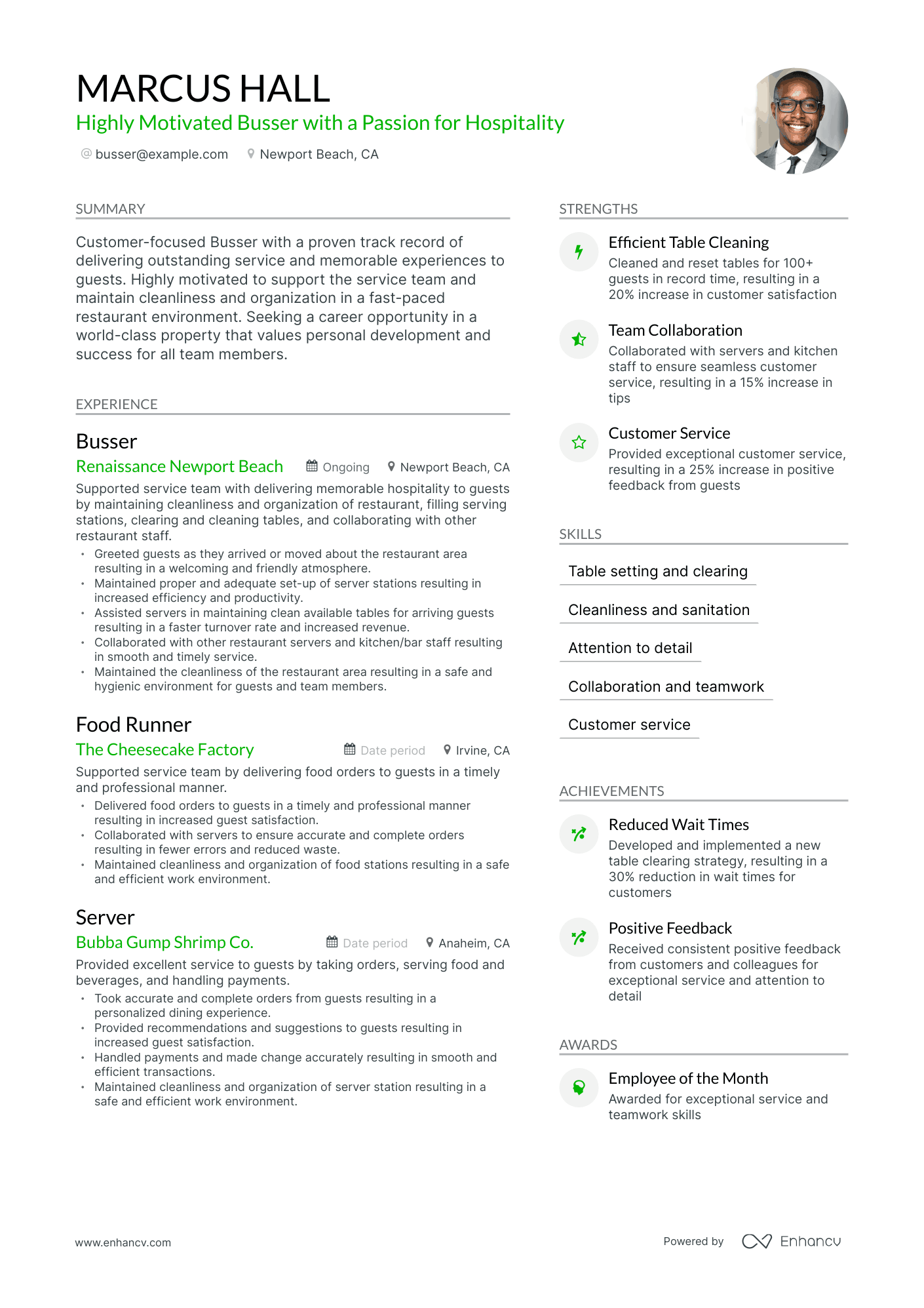 resume job descriptions for busser