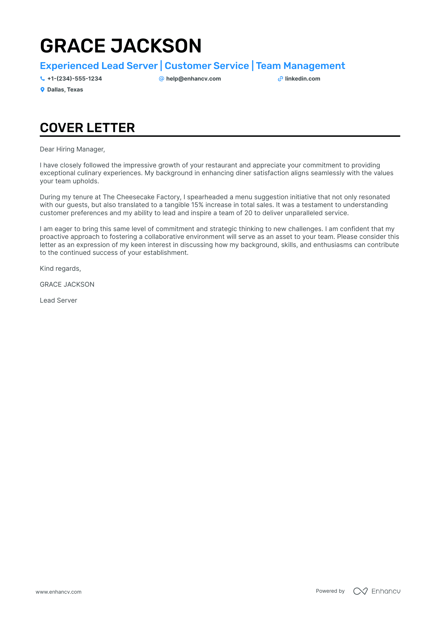 Server Cover Letter Examples for 2026 | Enhancv