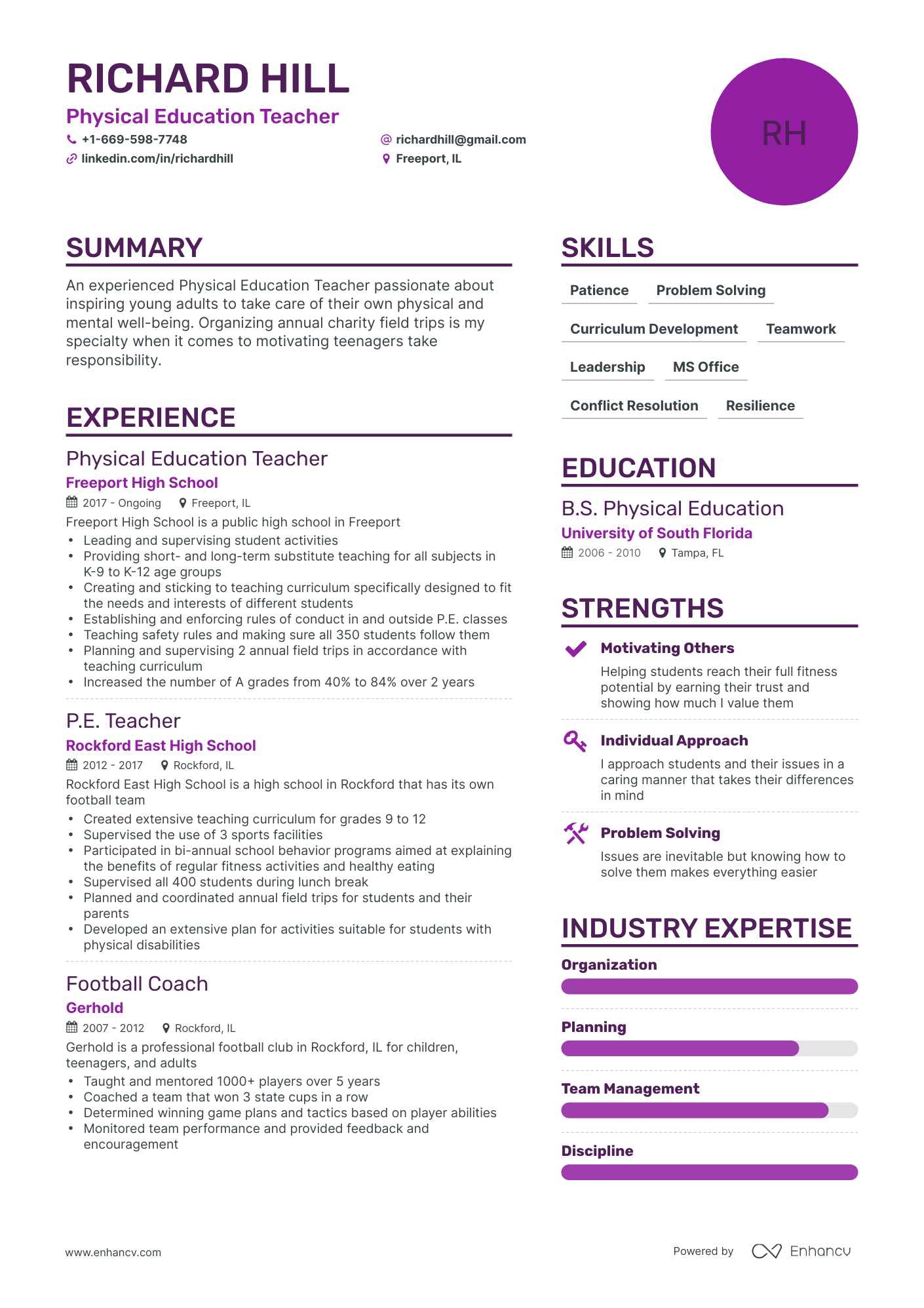 resume sample for physical education teacher