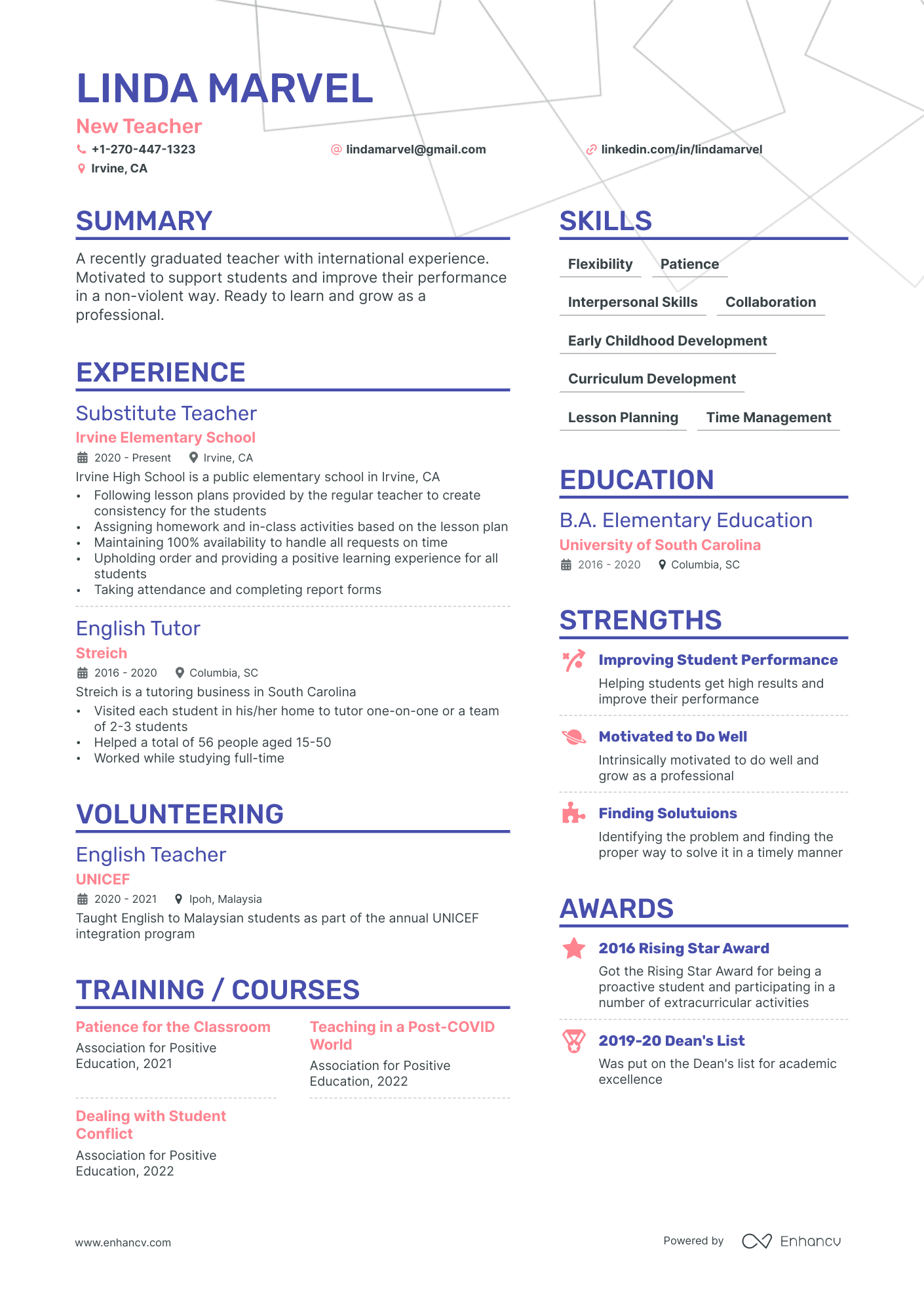 New Teacher resume example