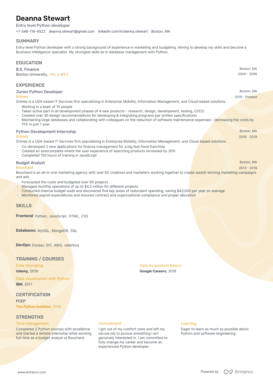 Entry level python developer resume example