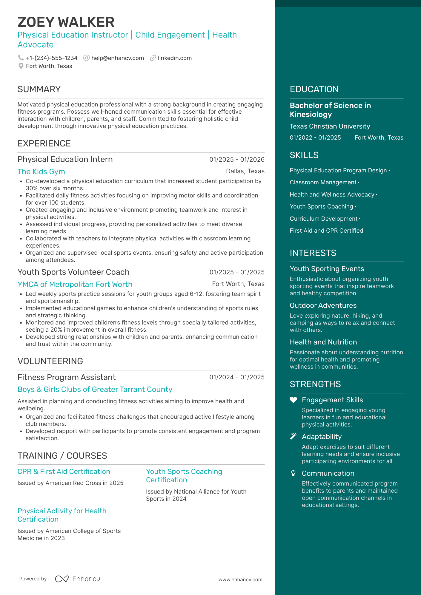 A resume example of a Entry Level Physical Education Teacher