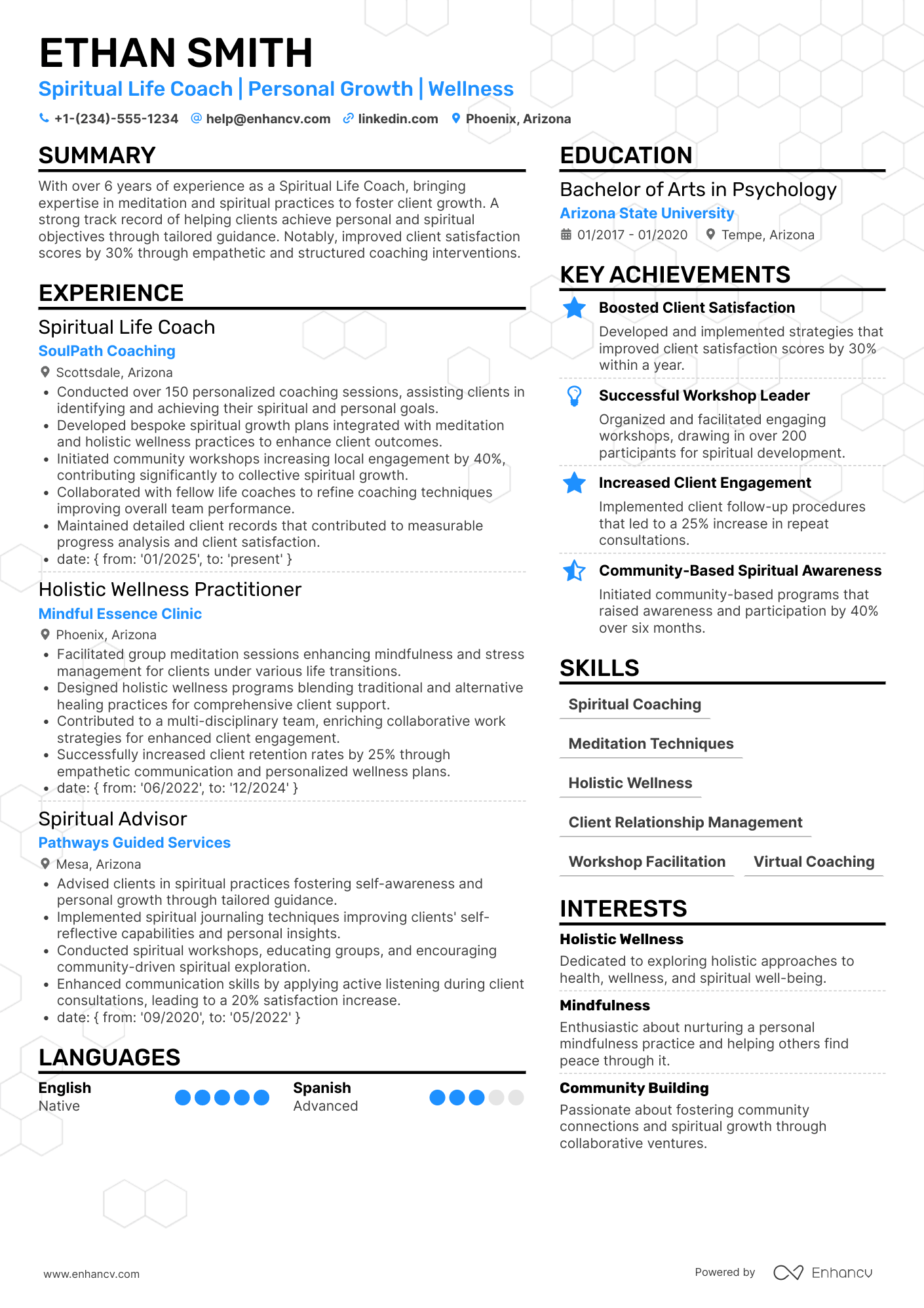 A resume example of a Spiritual Life Coach