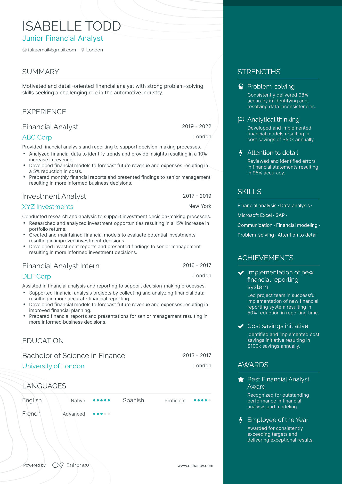 One Page Junior Financial Analyst Resume Template