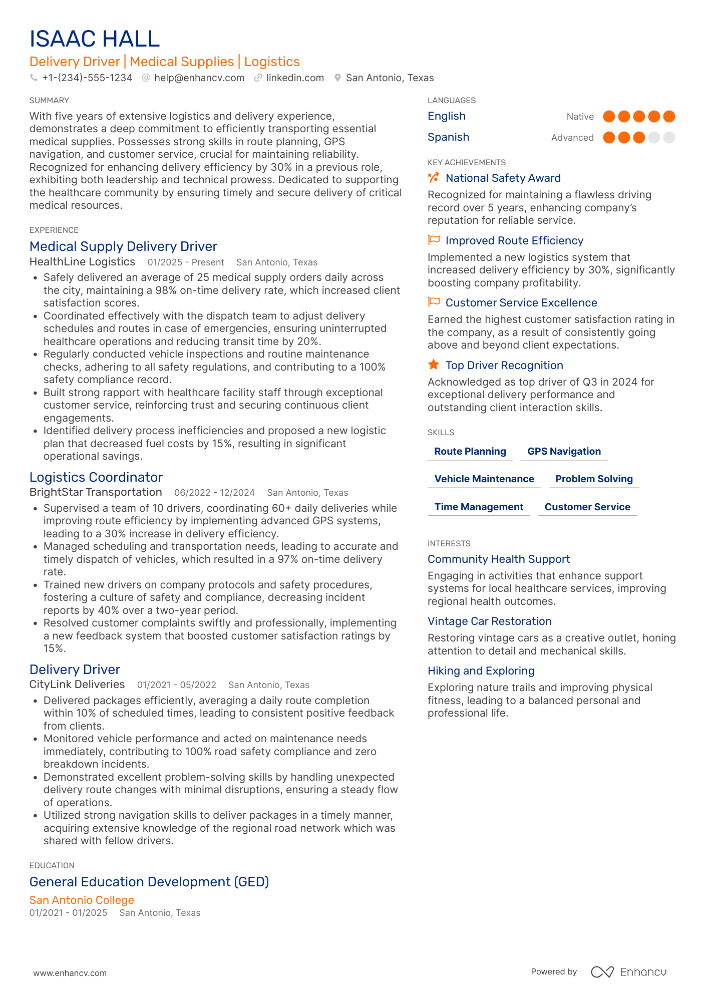 A resume example of a Medical Supply Delivery Driver