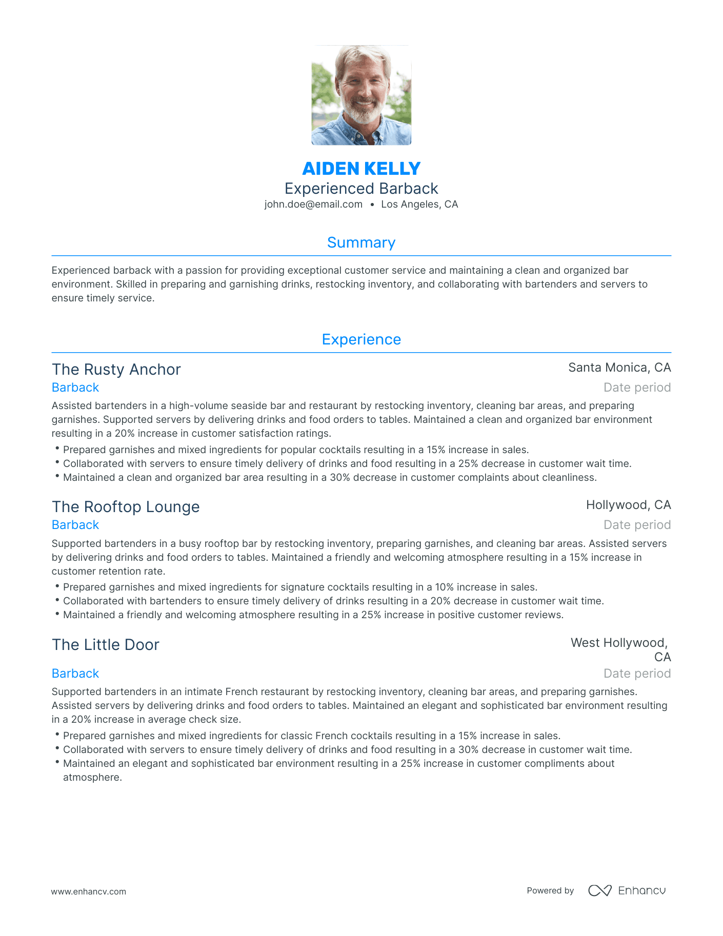 Traditional Barback Resume Template