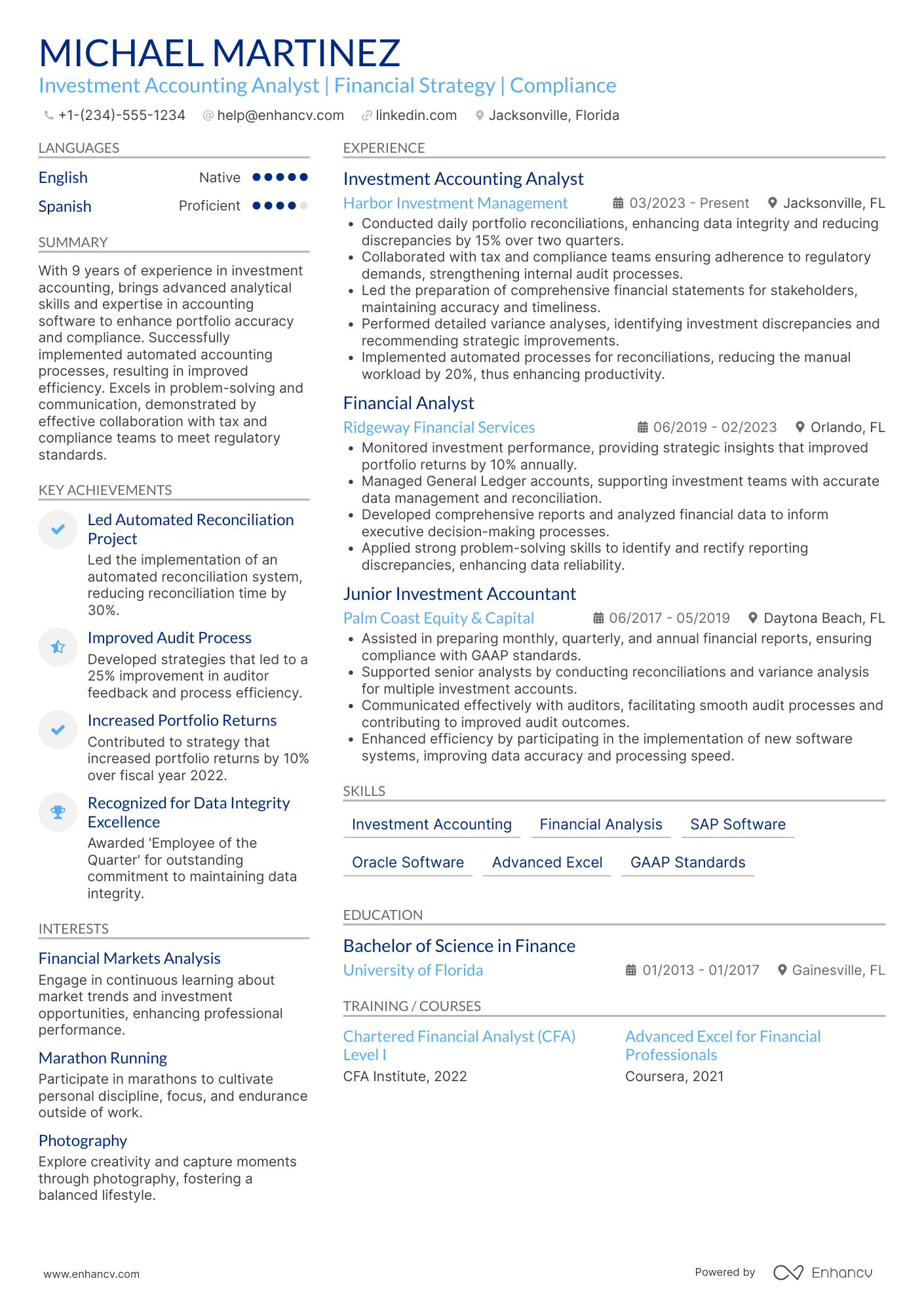 A resume example of a Investment Accounting Analyst